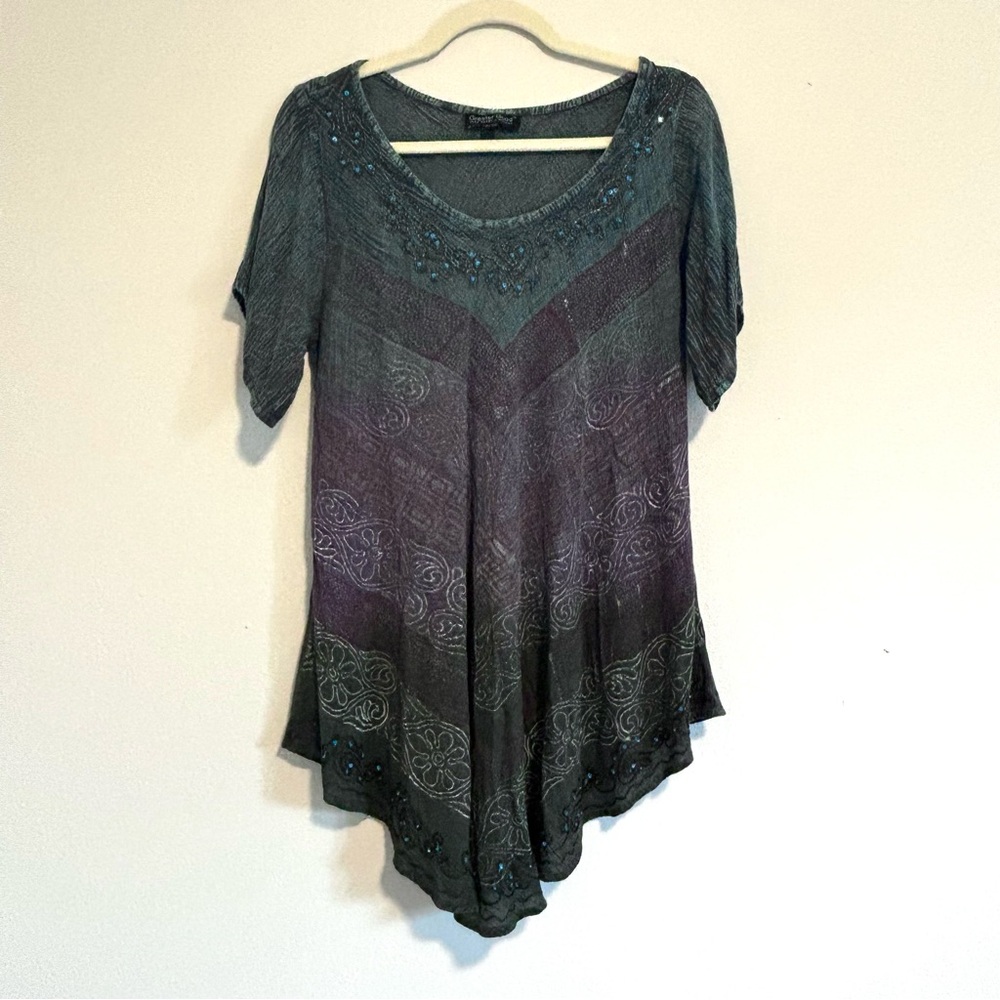 Greater Good Women’s Tunic Top Short Sleeve Free Size Blue Purple Green Boho